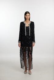 Black beaded lace trim long coat