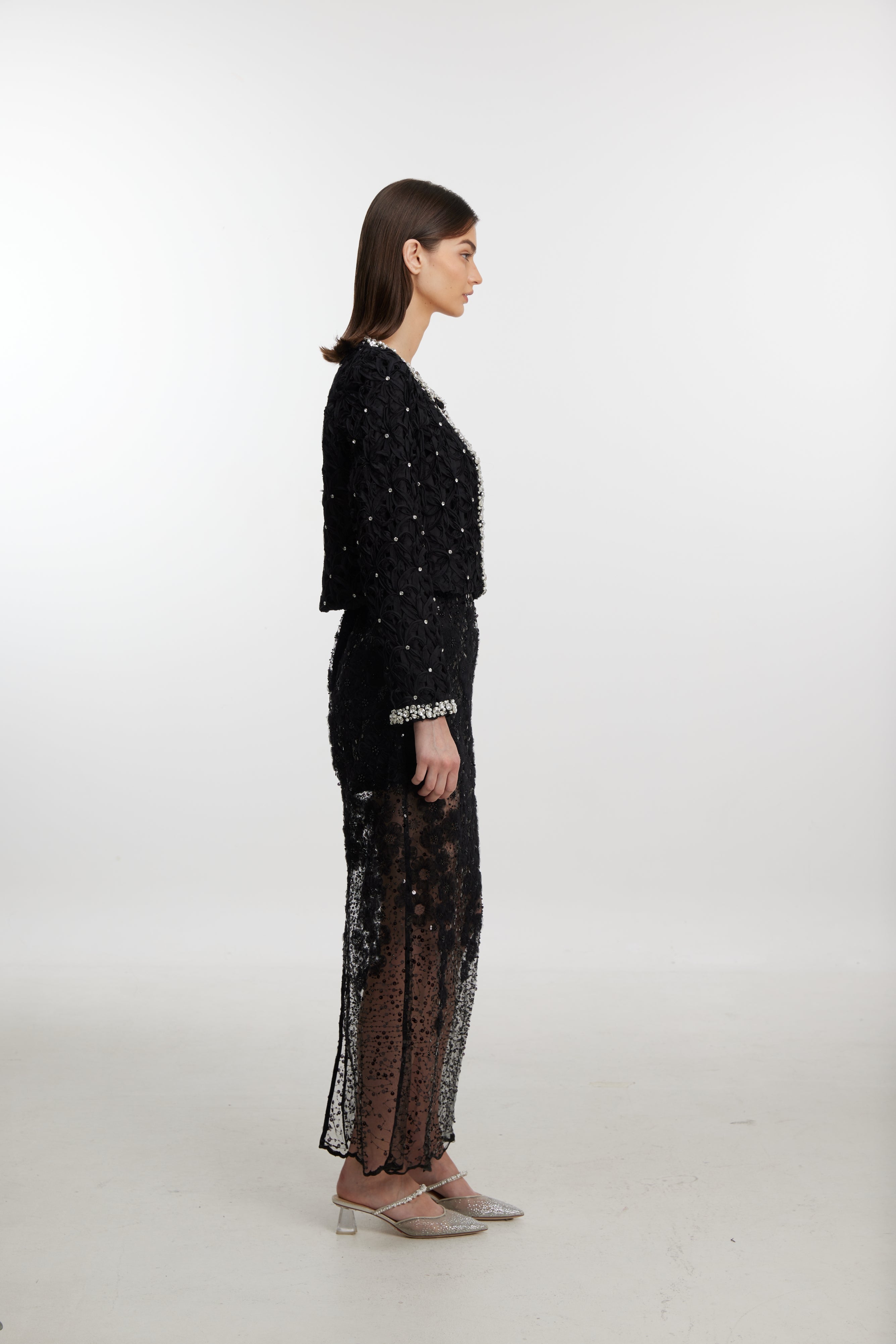 Black beaded lace trim long coat